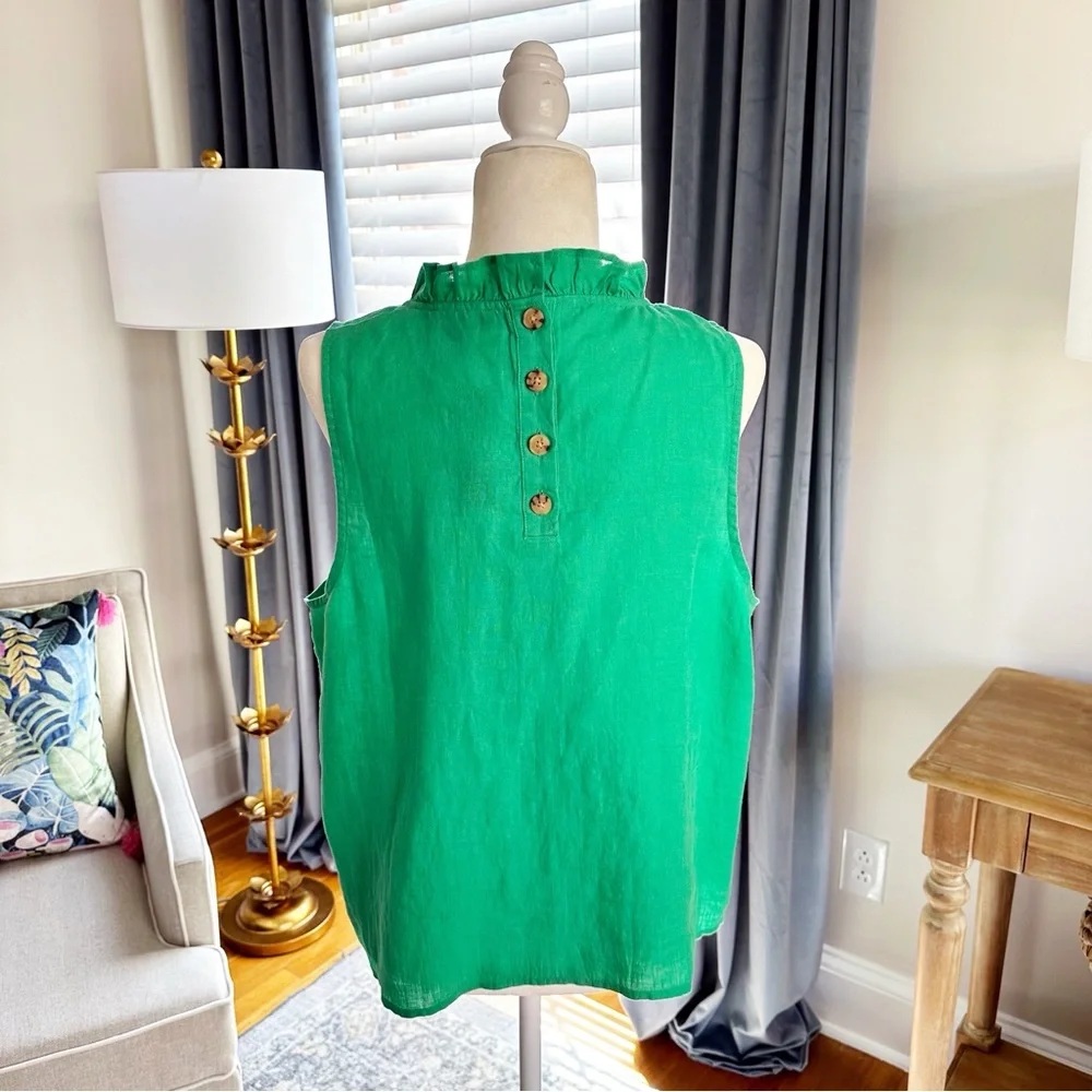 NWT J.Crew Fleur Green 100% Linen Ruffle Tank Top L